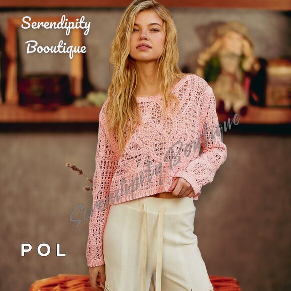 POL Sweaters - POL Petal Pink Crochet Semi Sheer Long Sleeve Crochet Soft Cotton Sweater Top